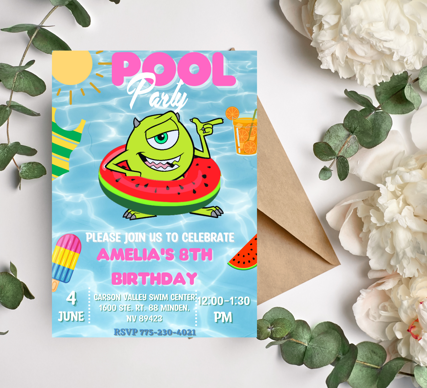 Monsters Inc Mike & Sulley Pool Birthday Invitation 👾💦 | Summer Swim Party | Editable Canva Template