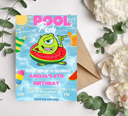 Monsters Inc Mike & Sulley Pool Birthday Invitation 👾💦 | Summer Swim Party | Editable Canva Template