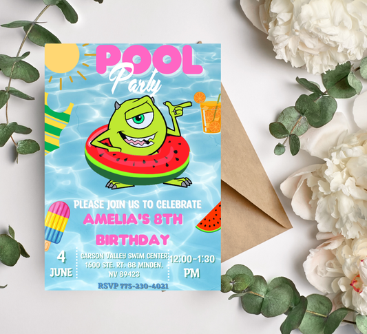 Monsters Inc Mike & Sulley Pool Birthday Invitation 👾💦 | Summer Swim Party | Editable Canva Template