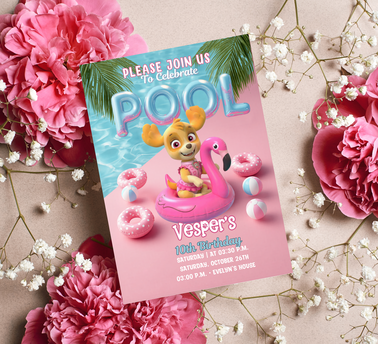 Skye PAW Patrol Pool Birthday Invitation – Editable Canva Template – Pink Girl’s Summer Swim Party Invite – High-Flying Splash Birthday Invitation