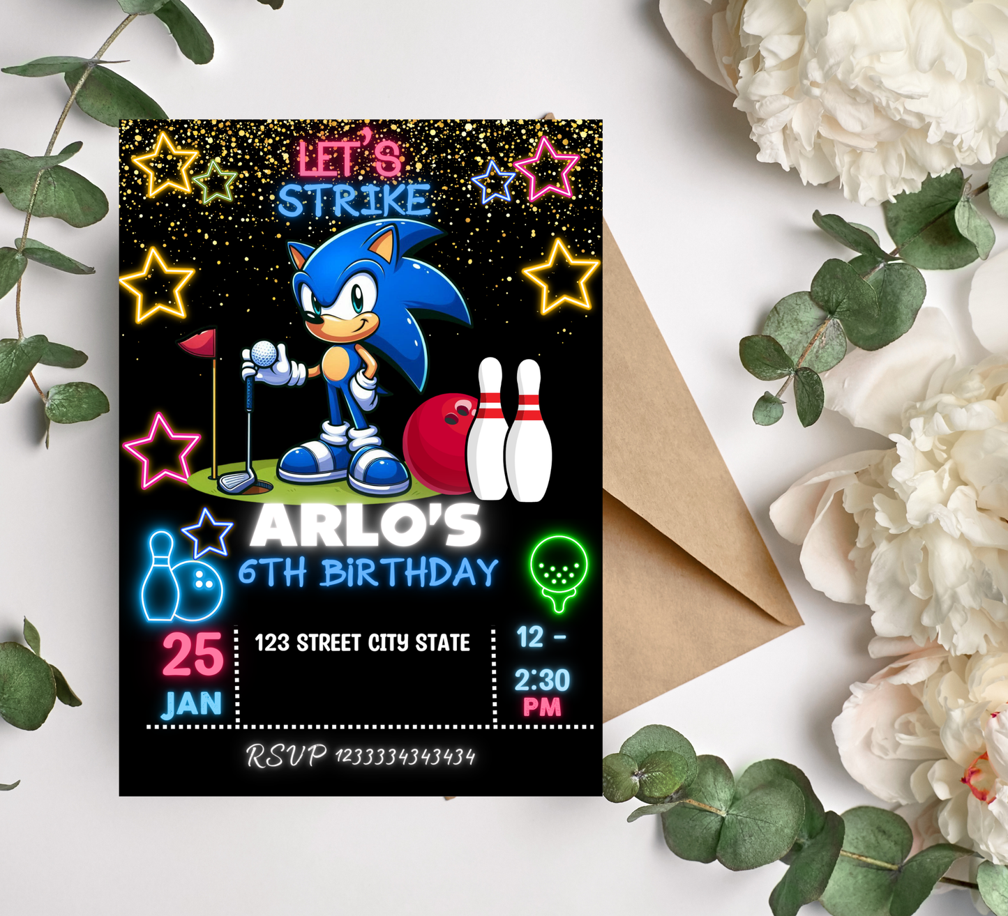 Sonic Golf Bowling Birthday Neon Kid Party Invitation | Cute Glow Party Editable Canva Template