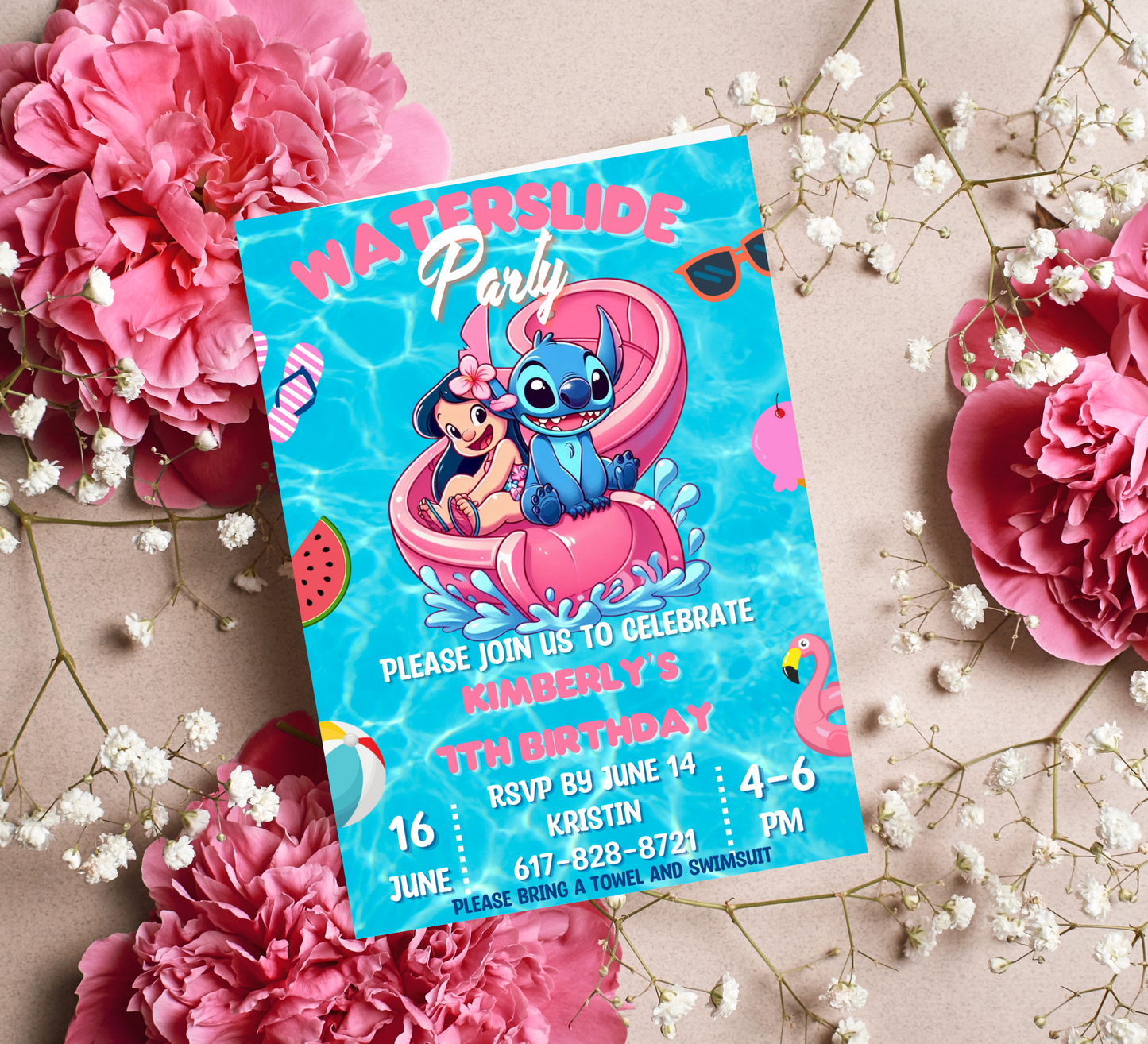 Stitch & Lilo Pink Waterslide Pool Birthday Invitation | Tropical Summer Party Invite | Editable Canva Template | Cute Pool Slide Birthday Printable