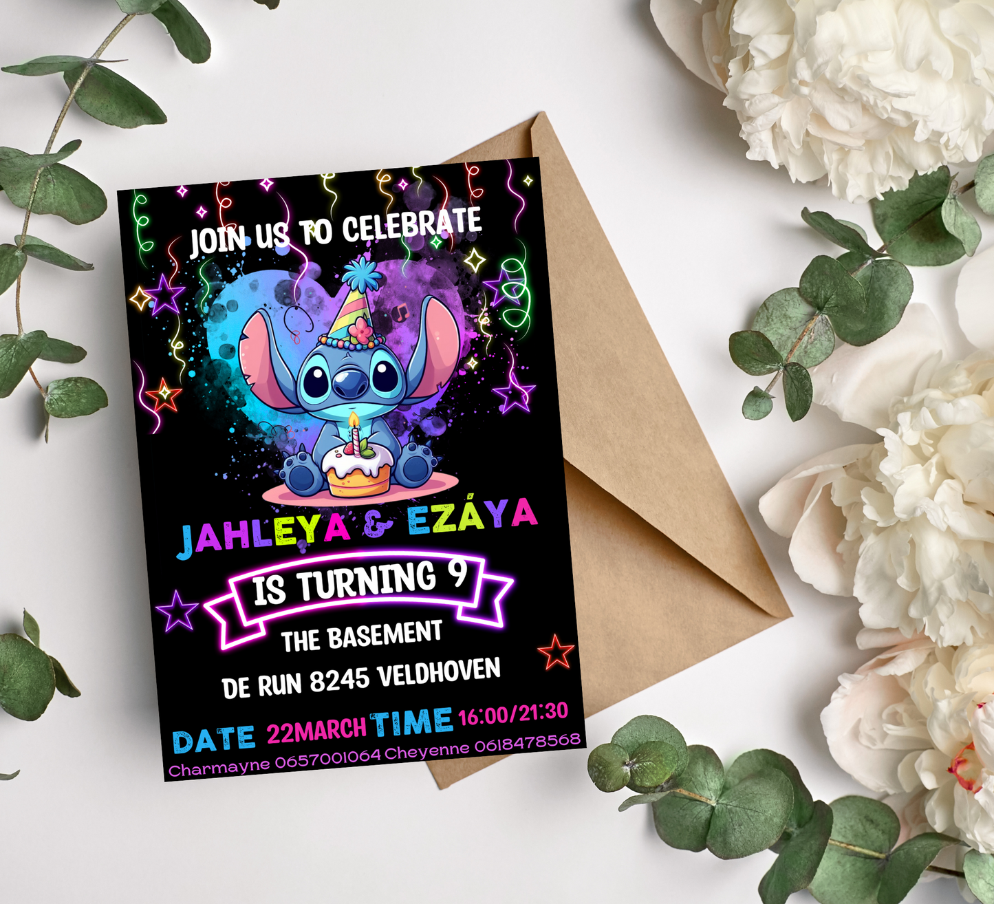 Stitch Neon Birthday Invitation with Two Names | Glow Party Invite | Editable Canva Template | Printable Neon Kids Birthday Invitation