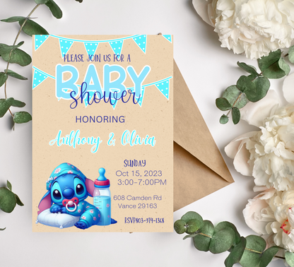 Stitch Blue Baby Shower Invitation | Editable Canva Template | Boy Baby Shower Invite | Printable Baby Shower Announcement