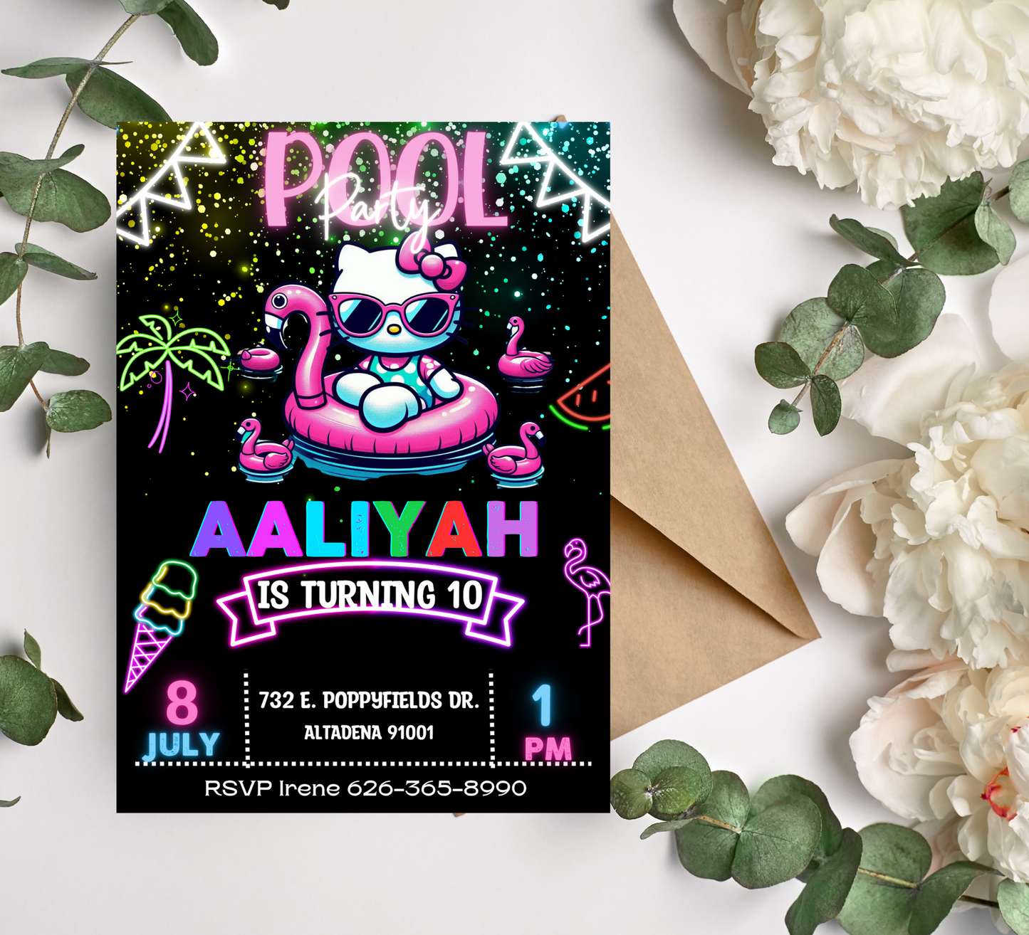 Hello Kitty Pool Neon Birthday Invitation | Editable Glow Pool Party Invite for Girls | Cute & Customizable Summer Birthday Template