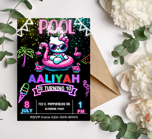Hello Kitty Pool Neon Birthday Invitation | Editable Glow Pool Party Invite for Girls | Cute & Customizable Summer Birthday Template