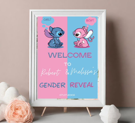 Stitch & Angel Pink and Blue Gender Reveal Welcome Sign | Baby Reveal Decor | Editable Template