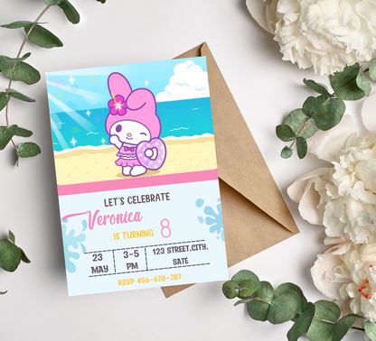 My Melody Kawaii Pool Birthday Invitation | Cute Pink Swim Party Invite | Editable Canva Template | Sanrio Summer Birthday Invitation