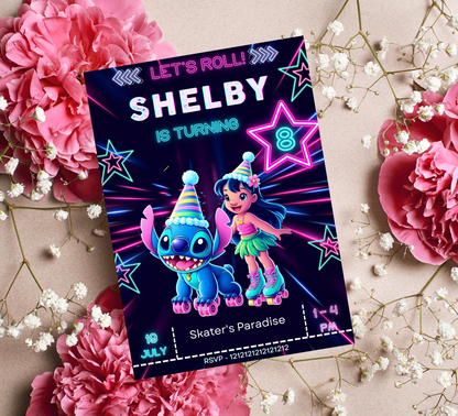Stitch & Lilo Neon Roller Skating Birthday Invitation | Editable Canva Template | Kawaii Glow Party Invite | Printable Kids Birthday Invitation