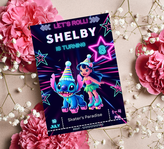Stitch & Lilo Neon Roller Skating Birthday Invitation | Editable Canva Template | Kawaii Glow Party Invite | Printable Kids Birthday Invitation