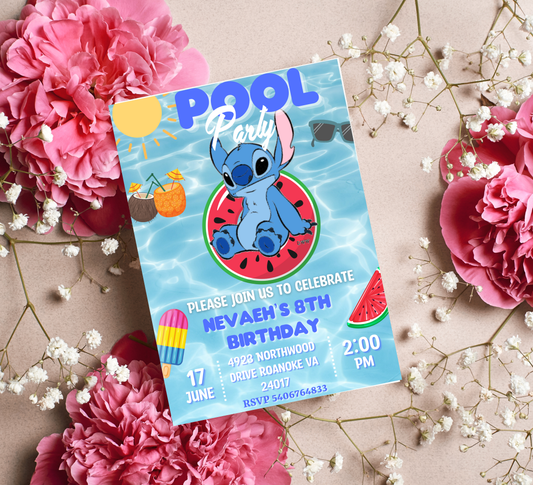 Stitch Blue Pool Birthday Invitation | Tropical Summer Party | Editable Digital Invite