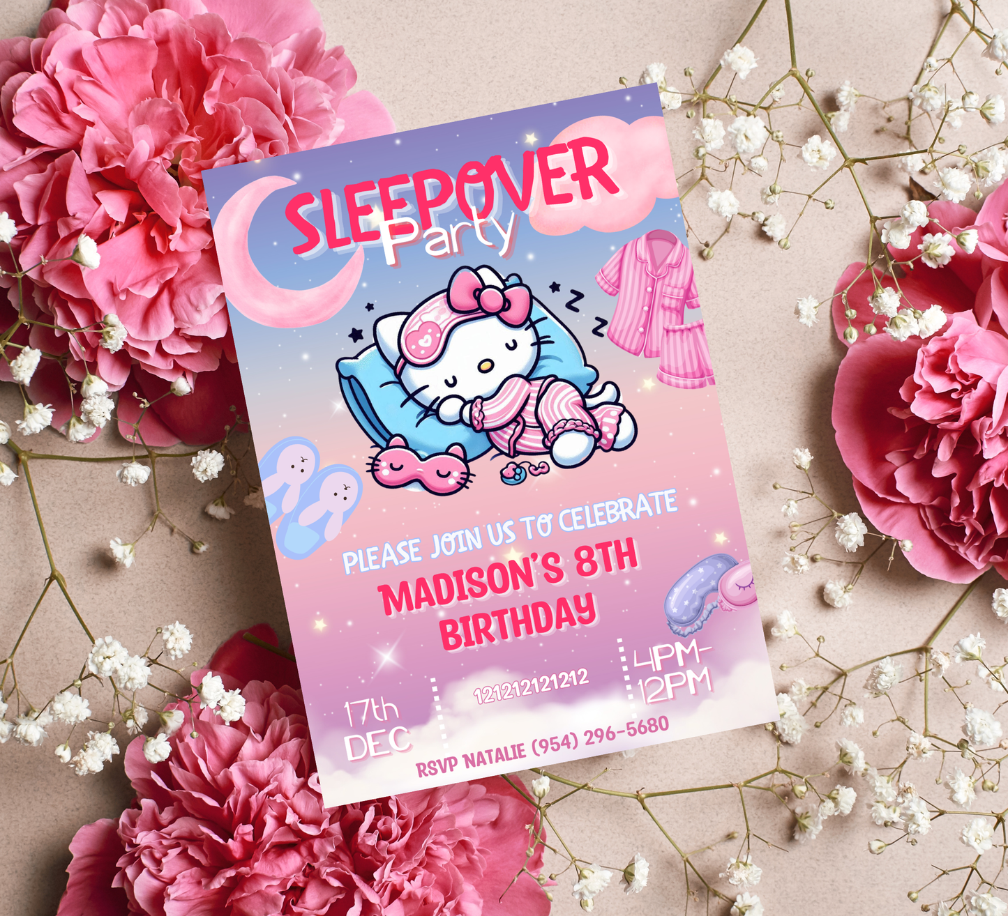 Hello Kitty Sleepover Gradient Slumber Birthday Invitation | Kawaii Girls Party | Editable Canva Template