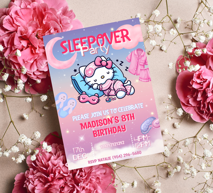 Hello Kitty Sleepover Gradient Slumber Birthday Invitation | Kawaii Girls Party | Editable Canva Template