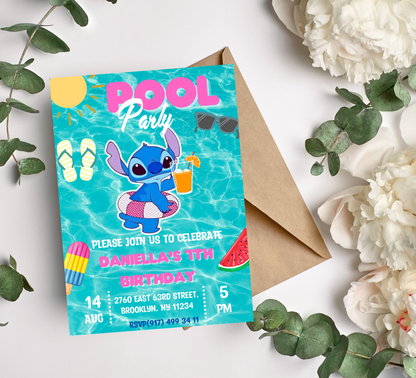 Stitch Pool Birthday Invitation | Tropical Swim Party Invite | Editable Canva Template