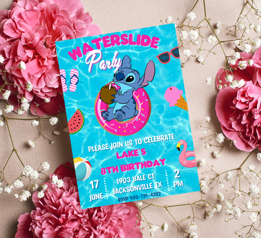 Stitch Waterslide Pool Birthday Invitation | Summer Swim Party | Editable Canva Template