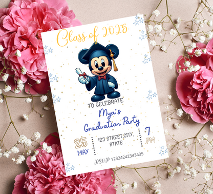 Mickey Mouse Blue Graduation Invitation | School & Kindergarten Template Editable Canva Template | Pink Minnie Party Printable