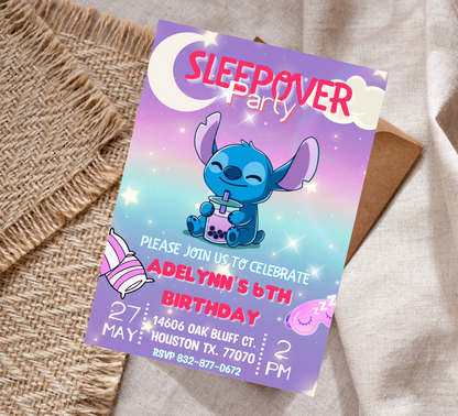 Stitch Sleepover Birthday Invitation | Slumber Party Invite | Editable Canva Template | Cute Kawaii Overnight Party Printable