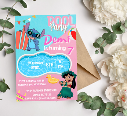 Stitch & Lilo Pink Blue Pool Birthday Invitation | Editable Canva Template | Tropical Swim Party Invite | Printable Kids Summer Birthday