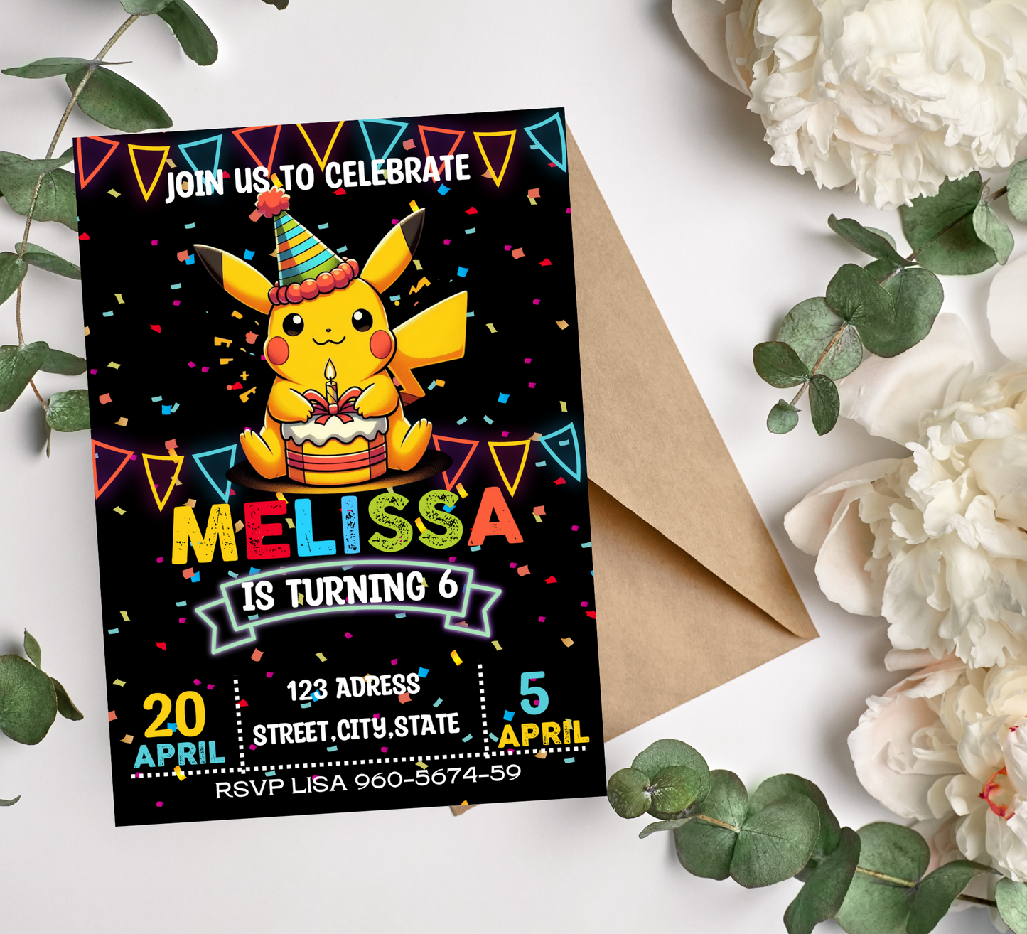 Pokémon Pikachu Neon Birthday Invitation | Electric Glow Party Invite | Editable Canva Template | Neon Pokémon Birthday Printable