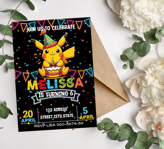 Pokémon Pikachu Neon Birthday Invitation | Electric Glow Party Invite | Editable Canva Template | Neon Pokémon Birthday Printable