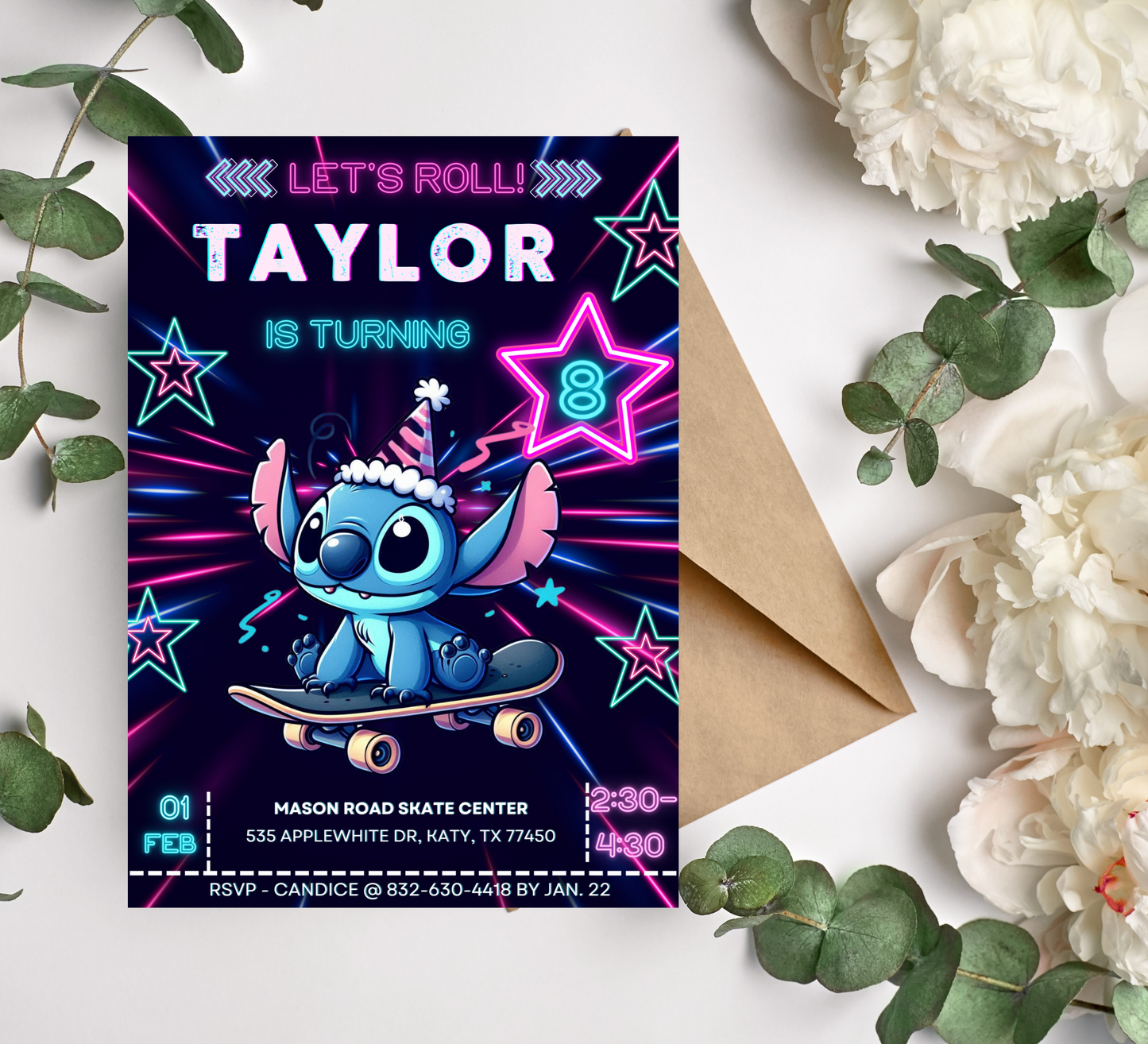 Stitch Neon Roller Skating Birthday Invitation | Glow Party Skating Rink Invite | Editable Canva Template | Cute Kawaii Stitch Birthday Invitation