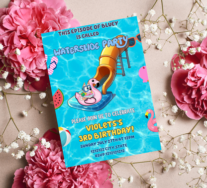 Bluey Waterslide Pool Birthday Invitation | Editable Canva Template | Bluey Swim Party Invite | Printable Kids Summer Birthday