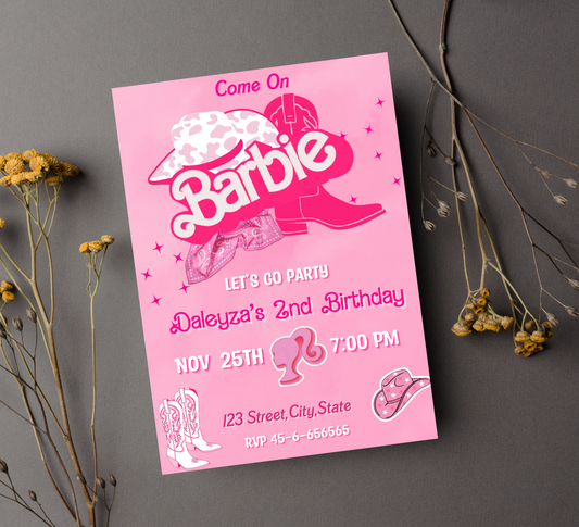 Barbie Cowboy Pink Birthday Invitation | Editable Canva Template | Western Themed Girls Party Invite | Printable Birthday Invitation