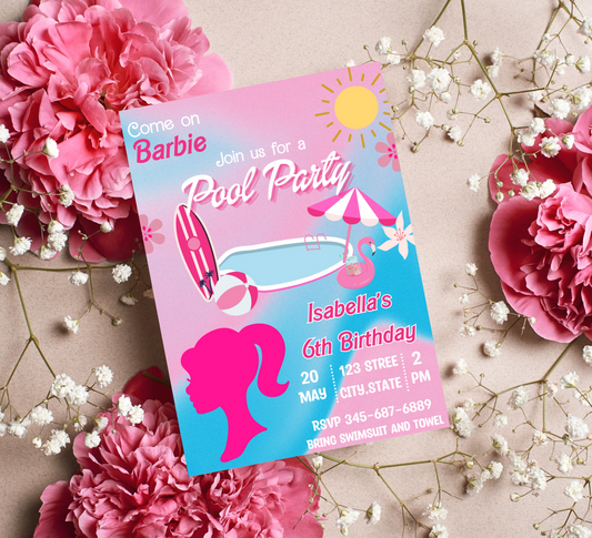 Barbie Pool Pink Birthday Invitation | Editable Canva Template | Summer Swim Party Invite | Printable Girls Birthday Invitation