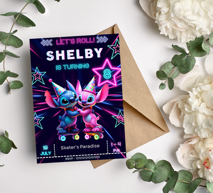 Stitch & Angel Neon Roller Skating Birthday Invitation | Editable Canva Template | Glow Party Kids Birthday Invite | Printable Superhero Party Invitation