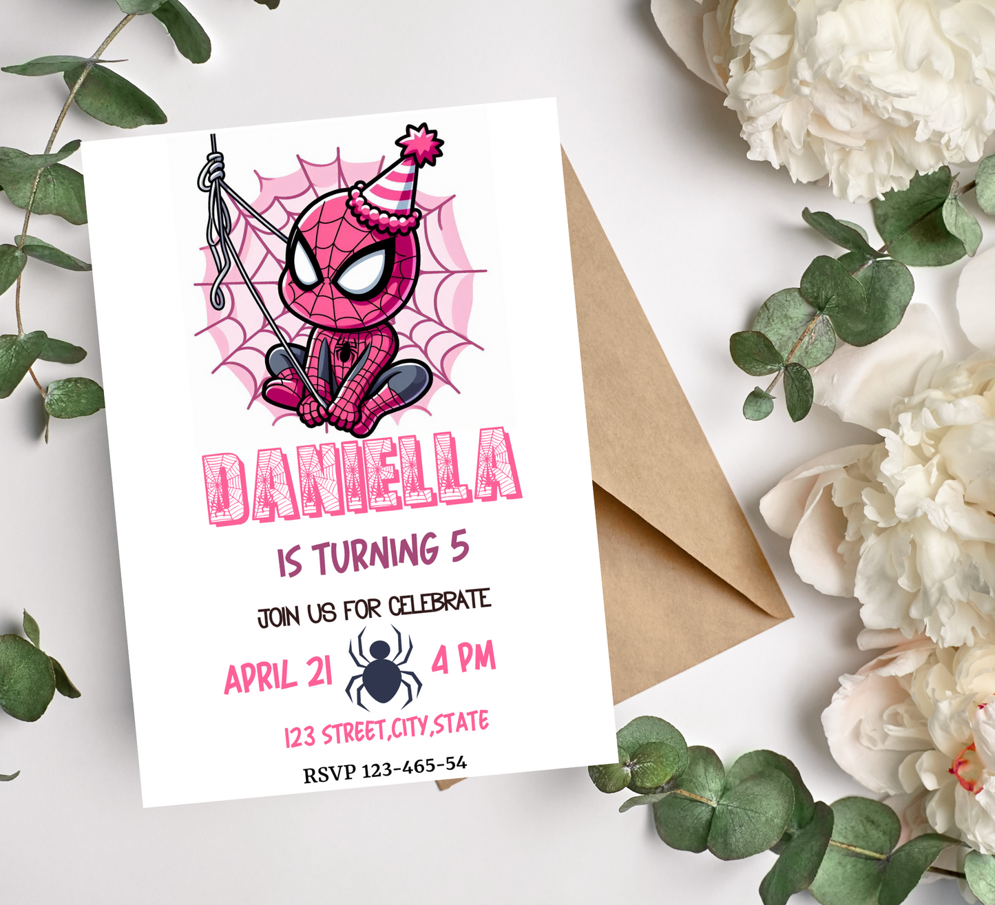 Pink Spiderman Birthday Invitation | Girl’s Spider Hero Party Invite | Editable Canva Template | Cute Superhero Printable