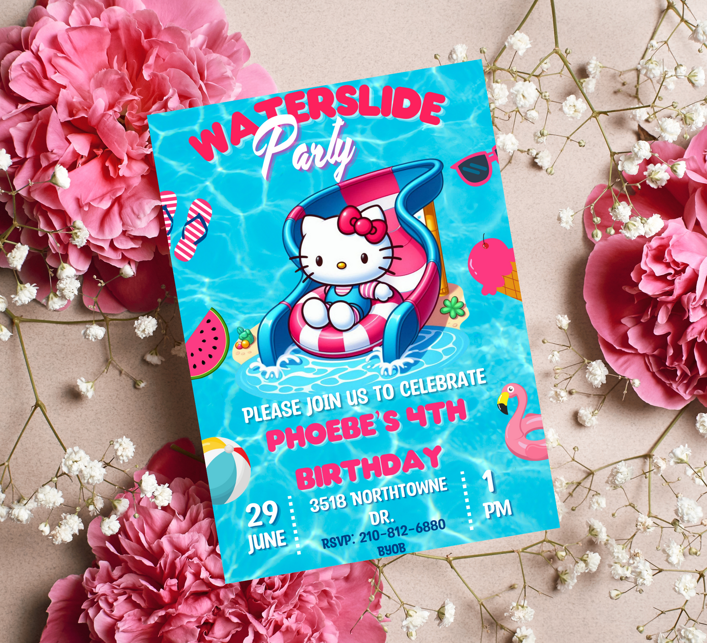Hello Kitty Waterslide Birthday Invitation | Kawaii Pool Party Invite | Editable Canva Template | Summer Swim Birthday Printable
