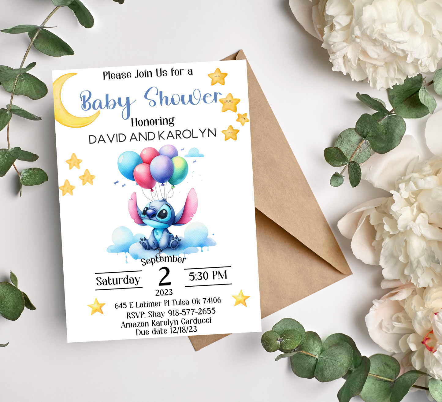 Stitch With Balloons Baby Shower Watercolor Invitation | Cute Baby Shower | Editable Canva Template