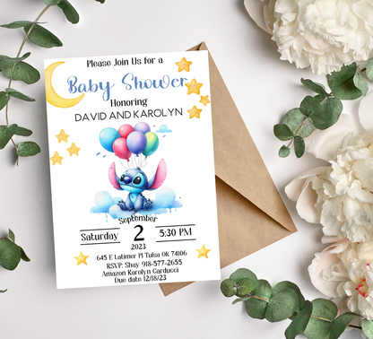 Stitch With Balloons Baby Shower Watercolor Invitation | Cute Baby Shower | Editable Canva Template