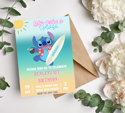 Stitch Surf Pool Birthday Invitation | Tropical Surfing Swim Party | Editable Canva Template