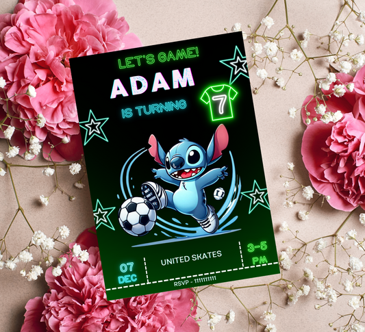 Stitch Neon Football Birthday Invitation | Editable Canva Template | Kawaii Sports Party Invite | Printable Kids Birthday Invitation