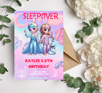 Anna & Elsa Frozen Sleepover Birthday Invitation | Editable Canva Template | Kawaii Girls Slumber Party Invite | Printable Kids Birthday Invitation