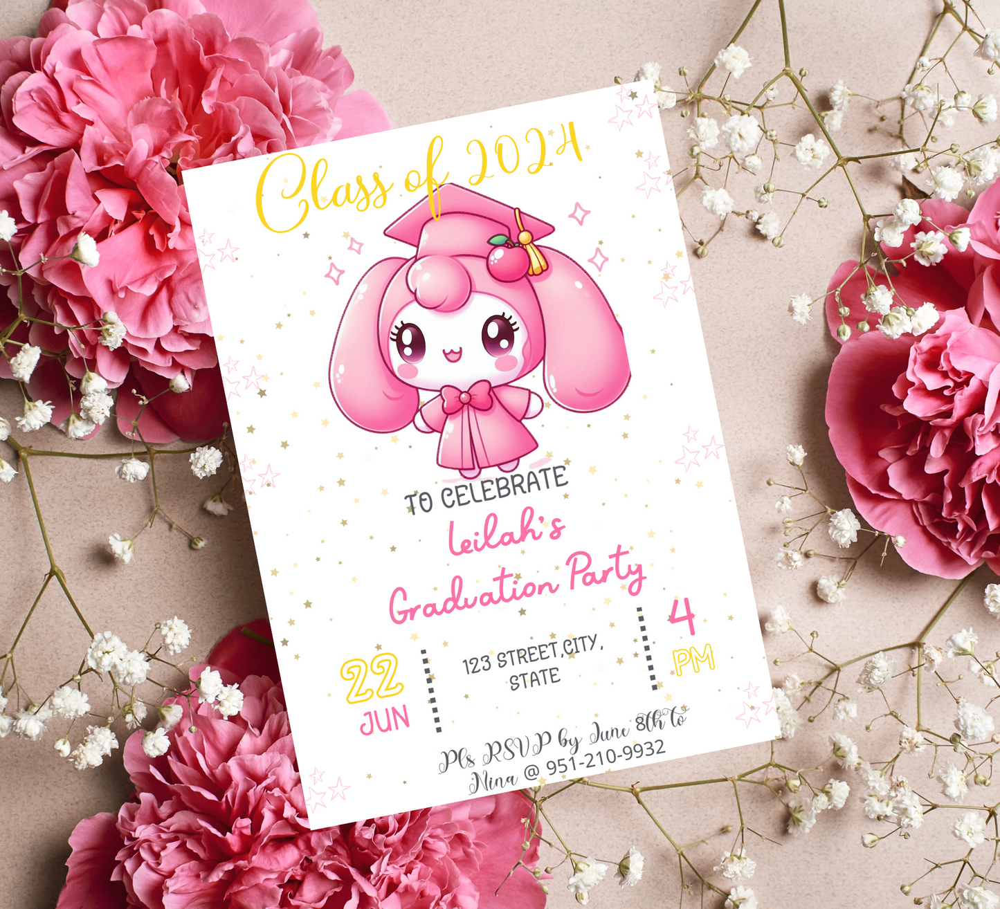 My Melody Pink Graduation Invitation | Kawaii Kindergarten & School Graduation Invite | Editable Canva Template | Cute Sanrio Graduation Printable