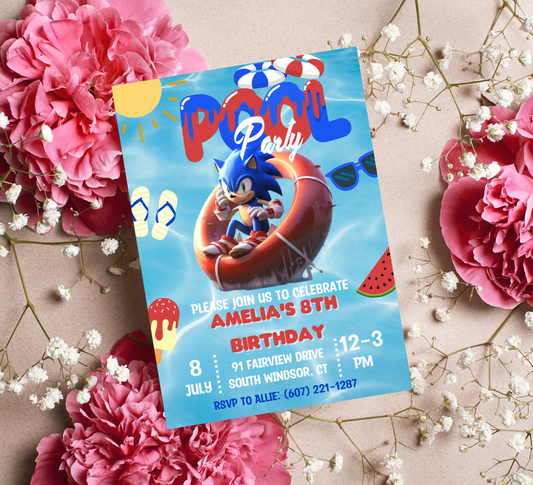 Sonic Pool Birthday Invitation | Summer Splash Party Invite | Editable Canva Template | Sonic Swim Birthday Invitation