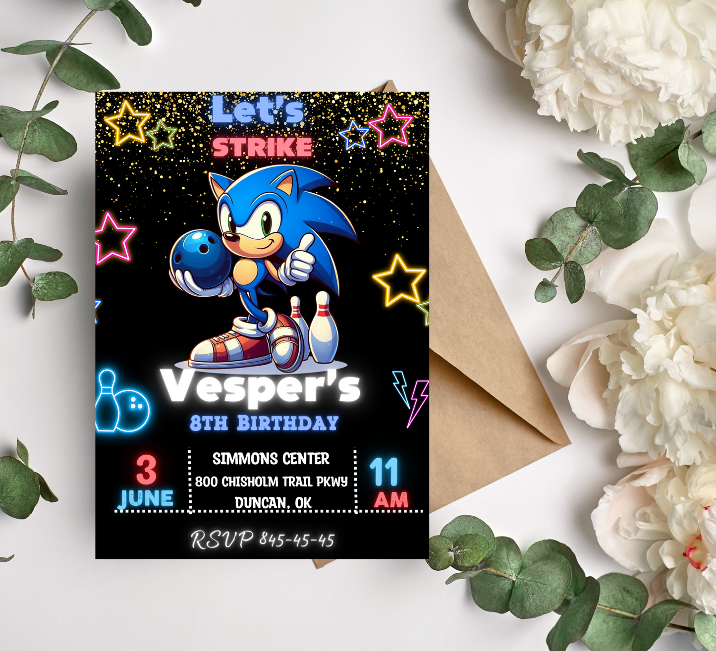 Sonic Neon Bowling Invitation | Glow Party Birthday Invite | Editable Digital Download