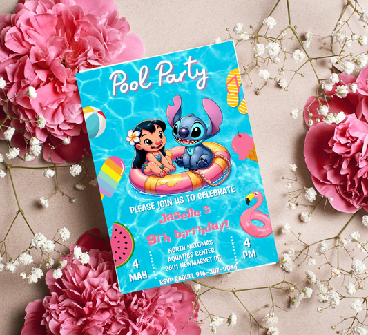 Lilo & Stitch Pool Birthday Invitation | Tropical Swim Party | Editable Canva Template | Hawaiian Beach Birthday Invite | Printable