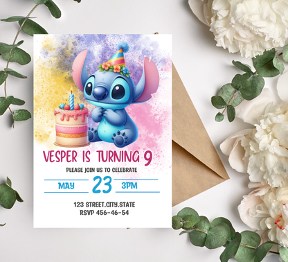Stitch Watercolor Birthday Invitation 🎨💙 | Cute Kawaii Party Invite | Editable Canva Template