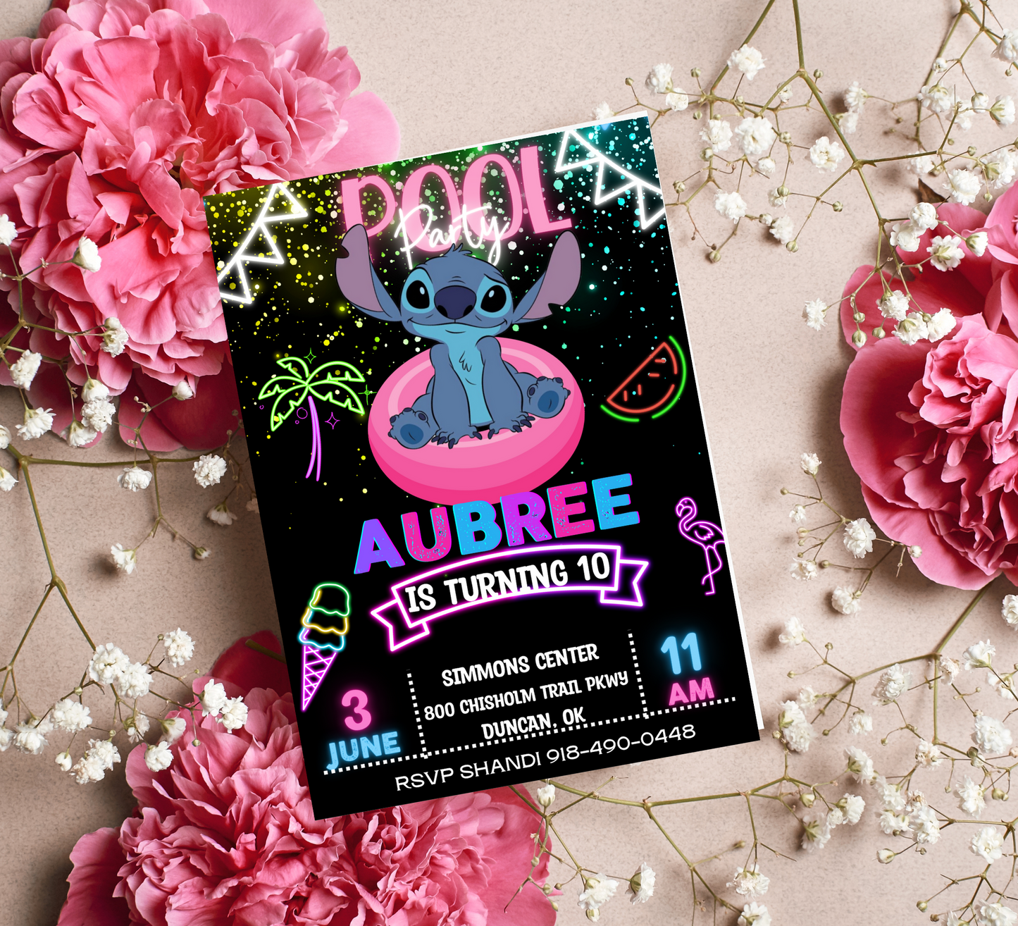 Stitch Pool Neon Birthday Invitation | Glow Party Pool Invite | Editable Digital Template