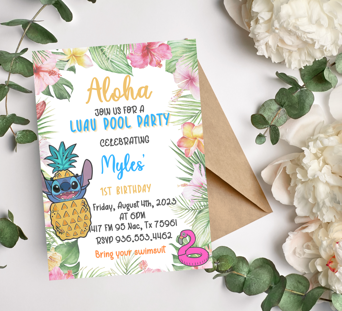 Stitch Aloha Luau Pool Birthday Invitation 🌺💦 | Tropical Hawaiian Party | Editable Digital Template