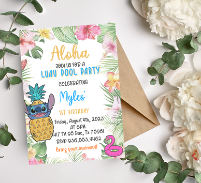 Stitch Aloha Luau Pool Birthday Invitation 🌺💦 | Tropical Hawaiian Party | Editable Digital Template