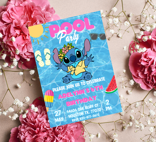 Stitch Pool Hawaii Tropical Birthday Invitation | Luau Party Invite | Editable Template
