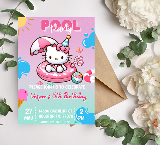 Hello Kitty Pool Gradient Birthday Invitation | Kawaii Summer Swim Party Invite | Editable Canva Template | Printable Girls Birthday Invitation