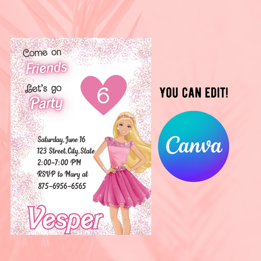 Barbie Glitter Pink Birthday Invitation | Glam Doll Party Invite | Editable Canva Template | Sparkly Pink Barbie Birthday Invitation