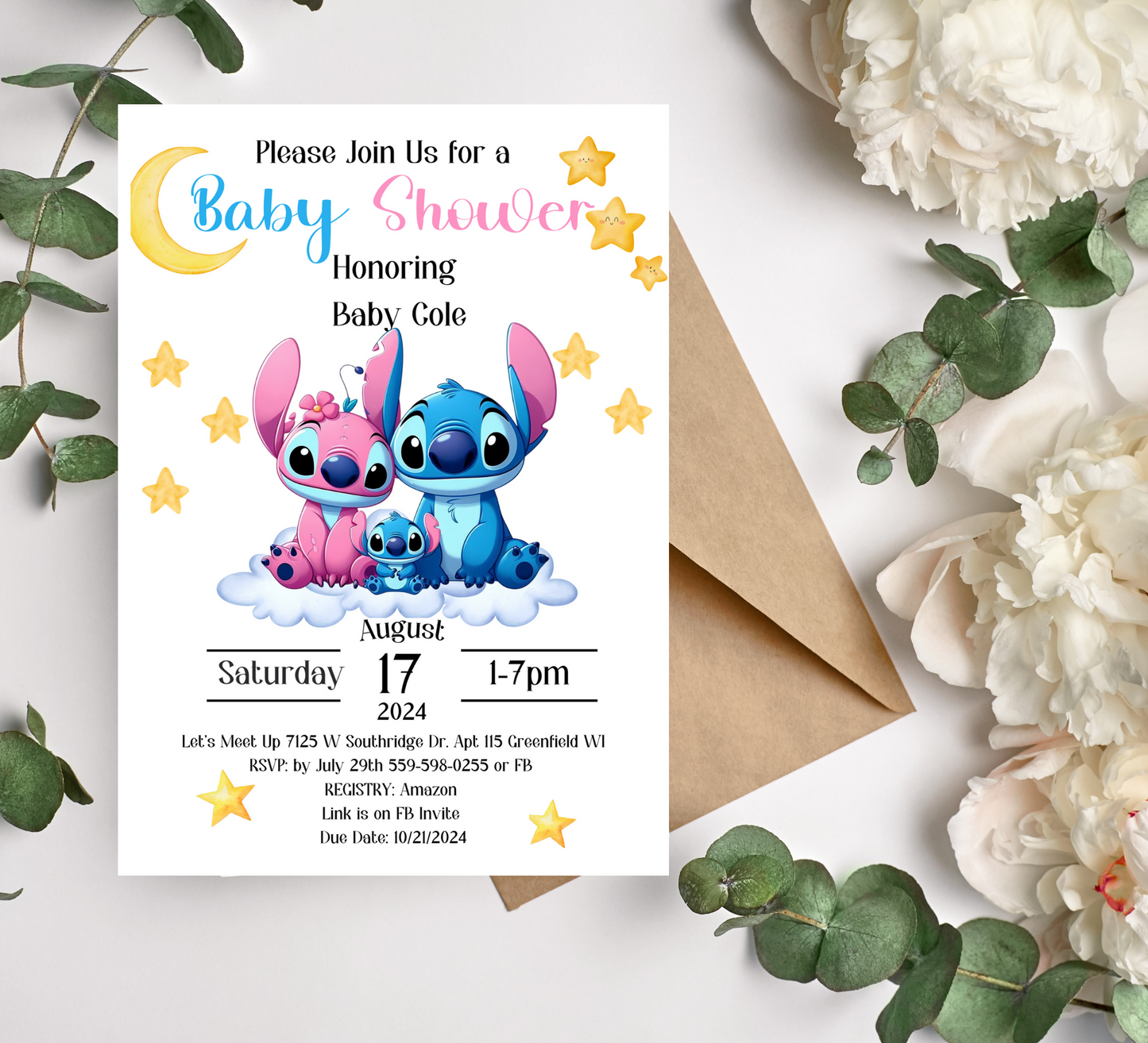 Stitch and Angel Baby Shower Invitation | Cute Blue & Pink Baby Shower Invite | Editable Canva Template | Gender Neutral Baby Shower Invitation