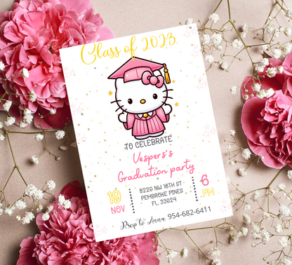 Hello Kitty Pink Graduation Invitation for Kids | Editable Canva Template | Cute Kawaii Graduation Party Invite | Printable Celebration Invitation