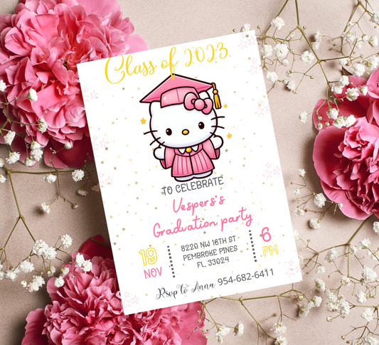 Hello Kitty Pink Graduation Invitation for Kids | Editable Canva Template | Cute Kawaii Graduation Party Invite | Printable Celebration Invitation